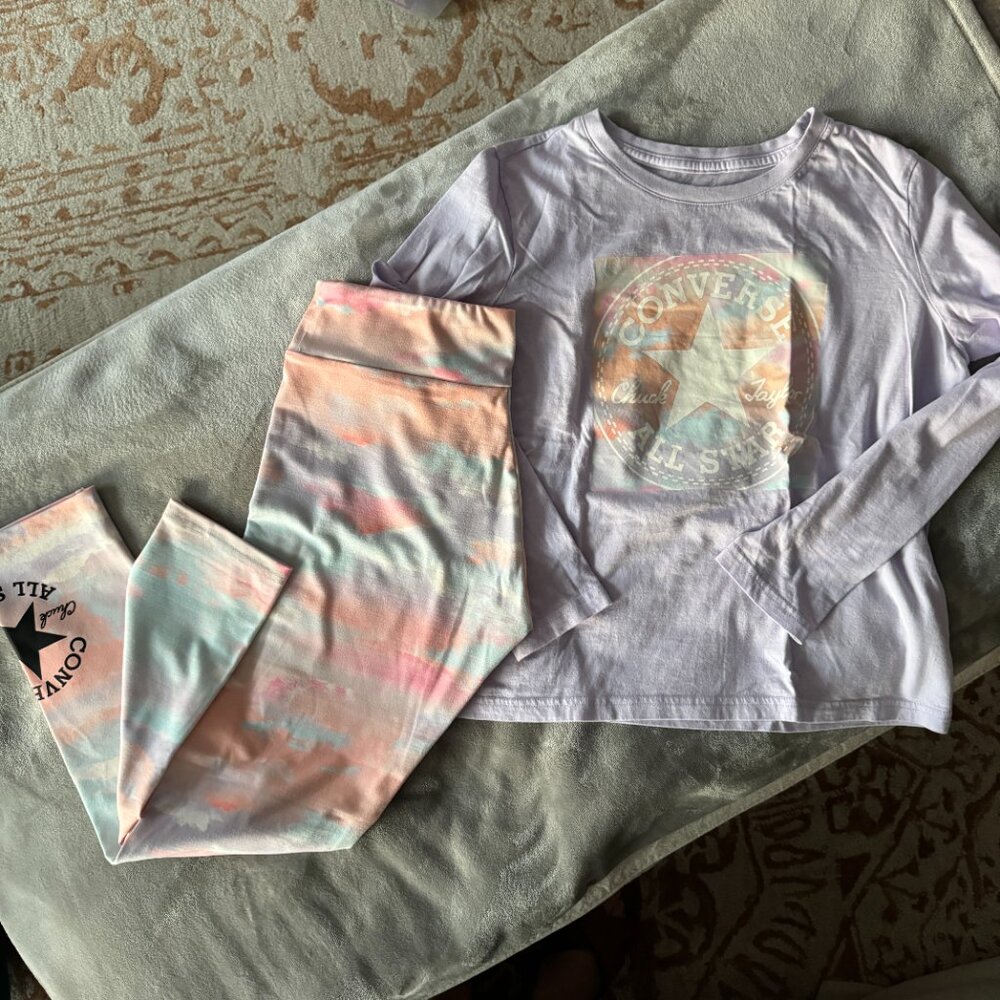 Converse High Rise Printed Legging Aqua Mist w/ Long Sleeve Lilac Logo Tee Sz XL - Picture 4 of 14